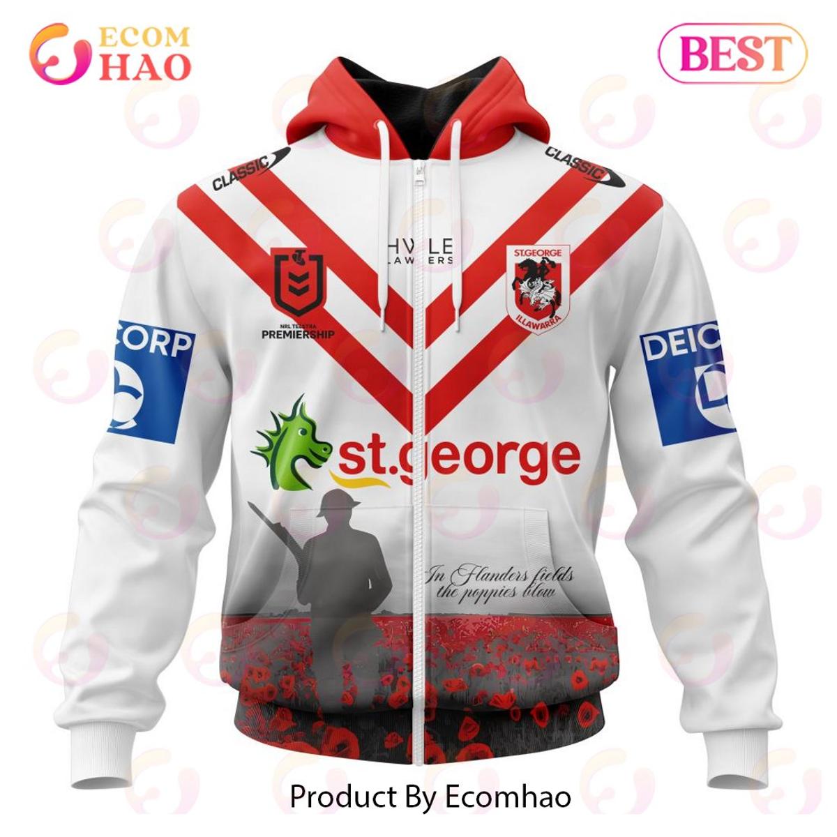 St. George Illawarra Dragons Custom Name Number 2022 Anzac Day Zip Hoodie