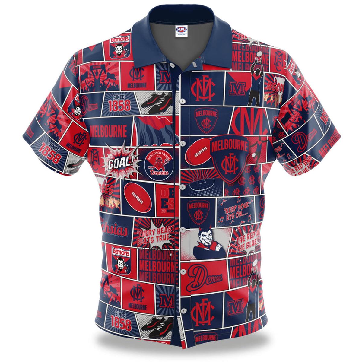 Afl Melbourne Demons Logo With Leaves Patterns Floral Aloha Shirt Gift Ideas