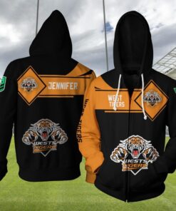 Wests Tigers Custom Name Gold Black Zip Hoodie For Men And Women