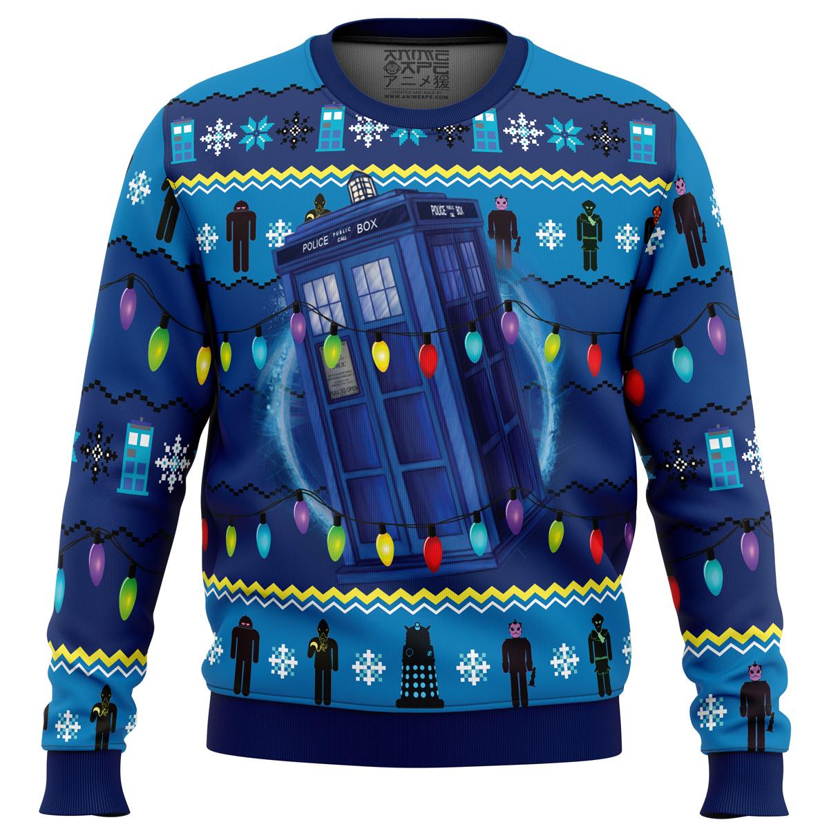 Who’s Outside Doctor Who  Tardis Xmas Lights Ugly Christmas Sweater Gift For Fans