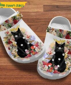 Black Cat With Flower Crocs Sandals