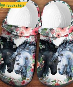 Black White Horse Floral Crocs Clog Shoes