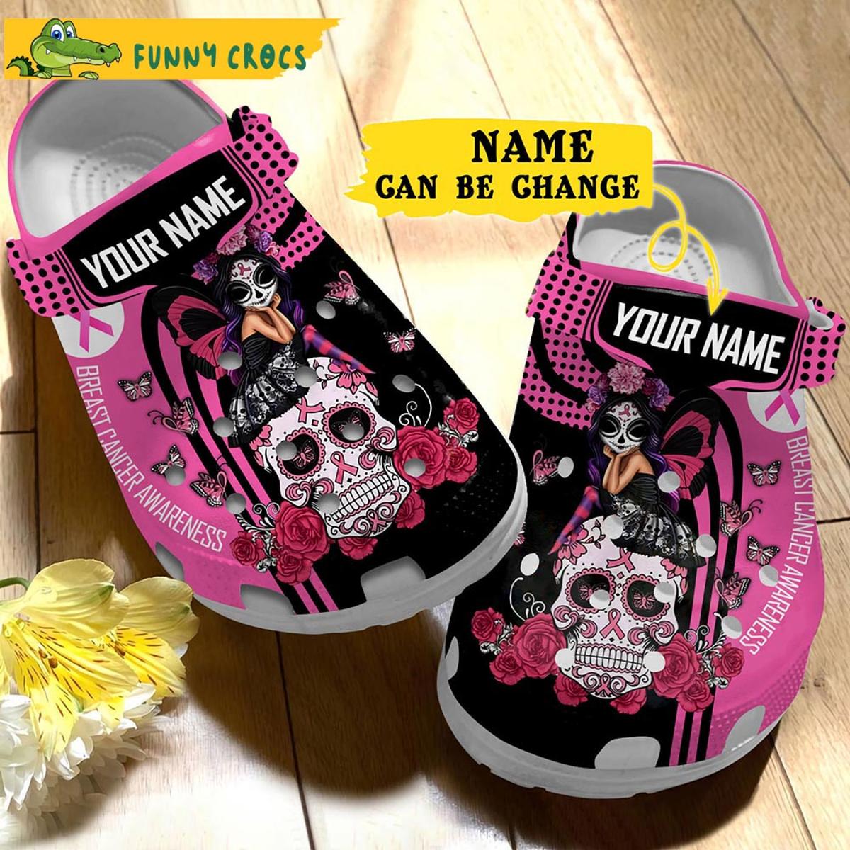 Customized Breast Cancer Awareness Sugar Skull Crocs Clog Shoes