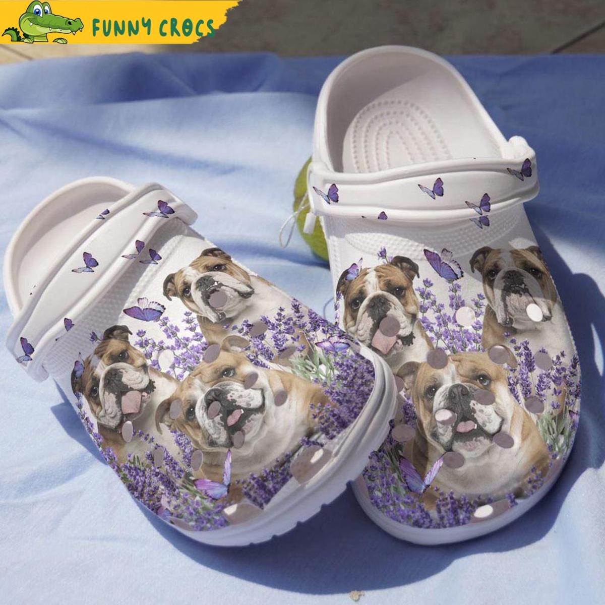 English Bulldog Purple Flowers And Butterflies Dog Crocs Slippers