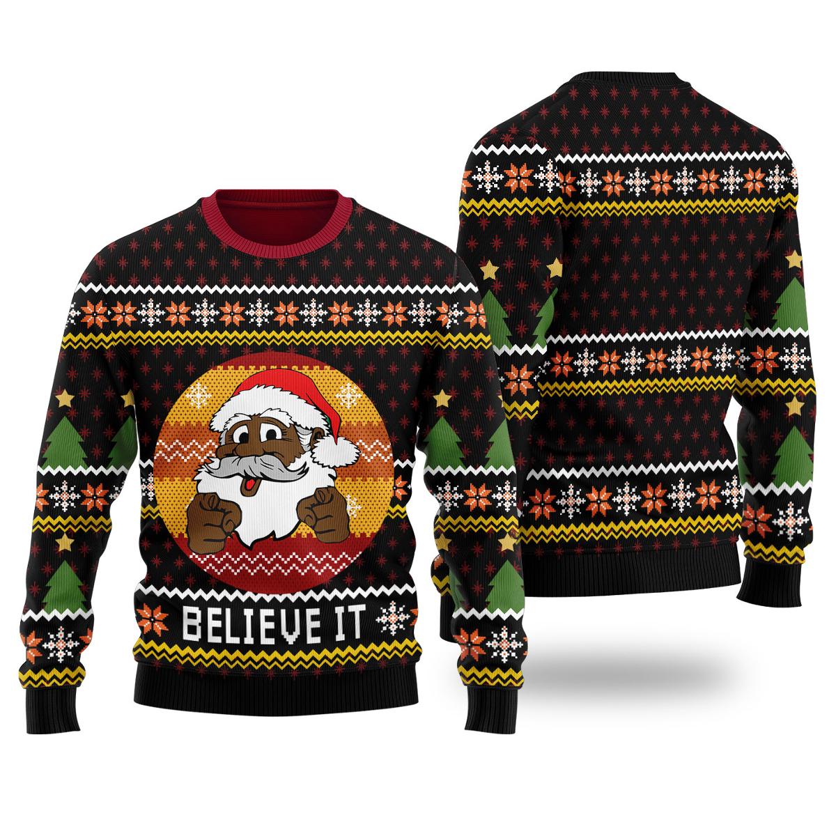 African American Santa Claus Believe Ugly Sweater