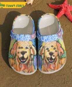 Happy Golden Retrievers Beautiful Dog In Crocs Shoes