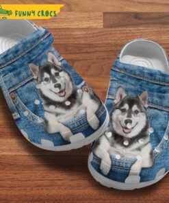 Husky Dog In Pocket Denim Pattern Crocs Sandals