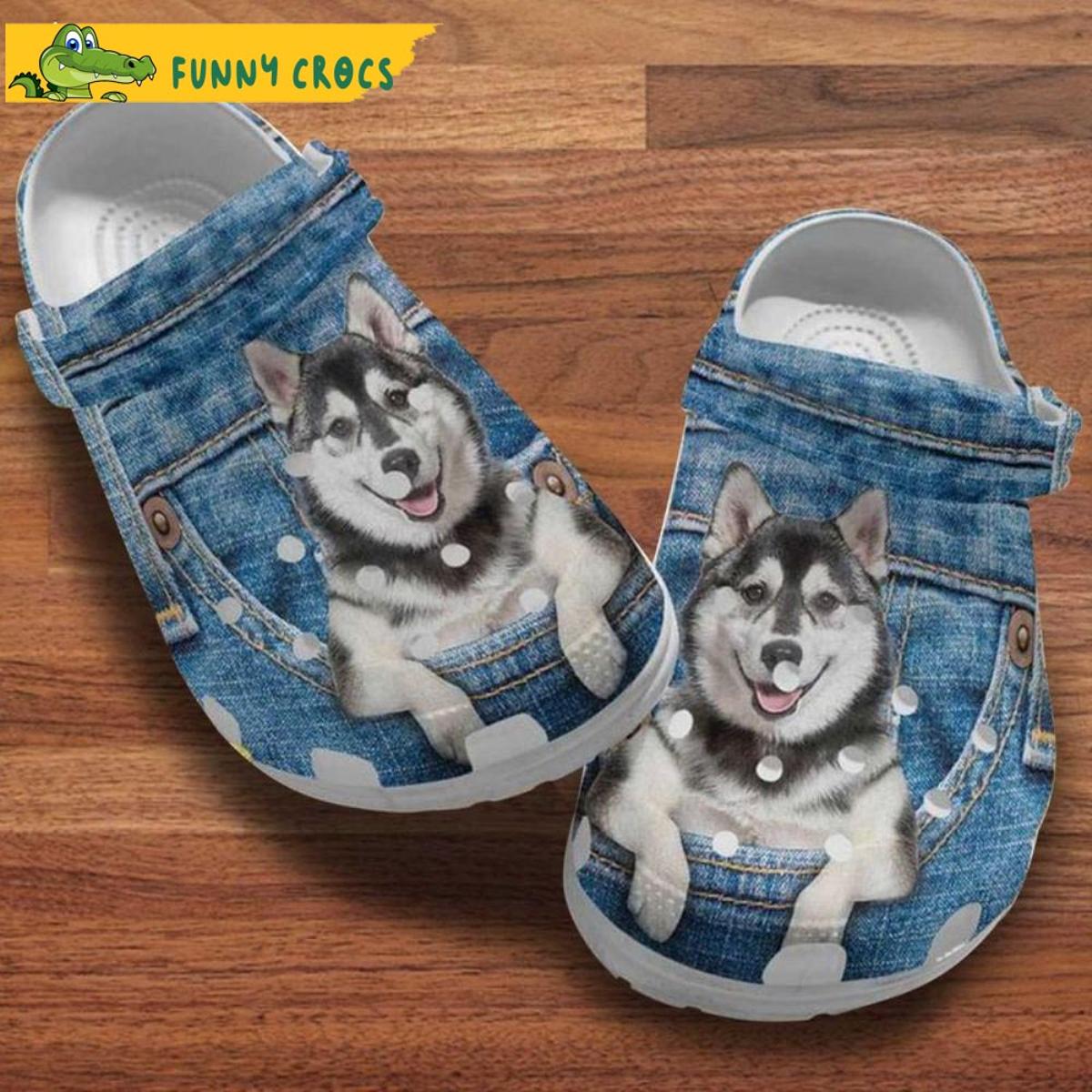 Husky Dog In Pocket Denim Pattern Crocs Sandals