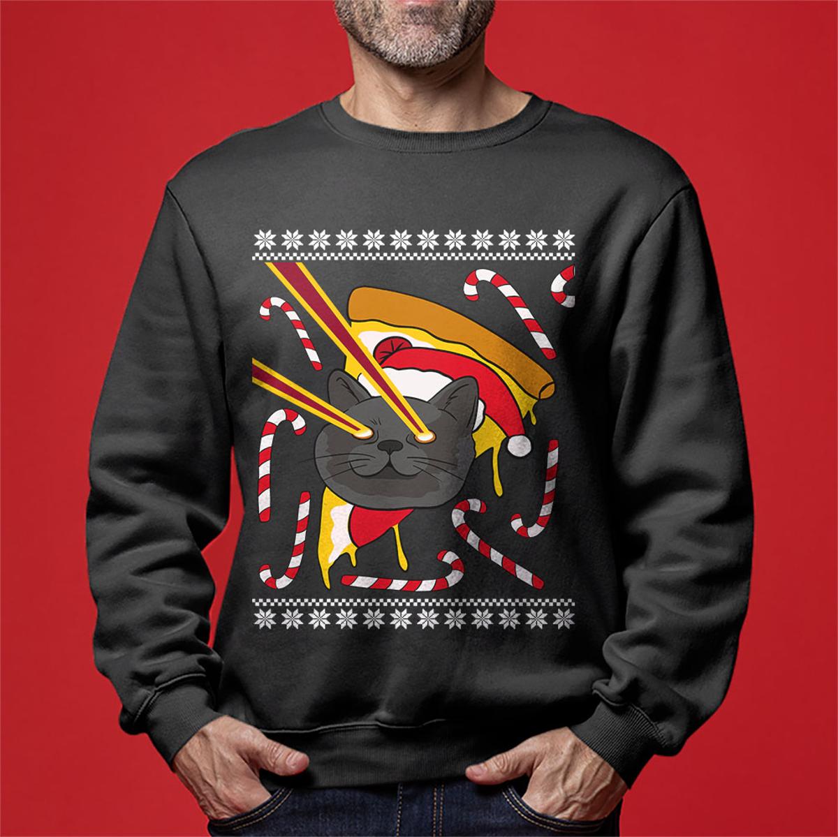 Funny Cat Laser Eyes Pizza Funny Christmas Sweaters