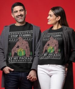 Stop Staring At My Package Barry Wood Funny Christmas Sweaters