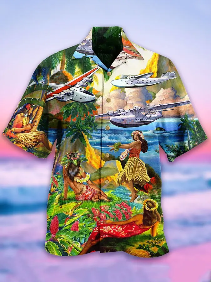 Airplane Hula Girl Aircraft Hawaiian Shirt Gift