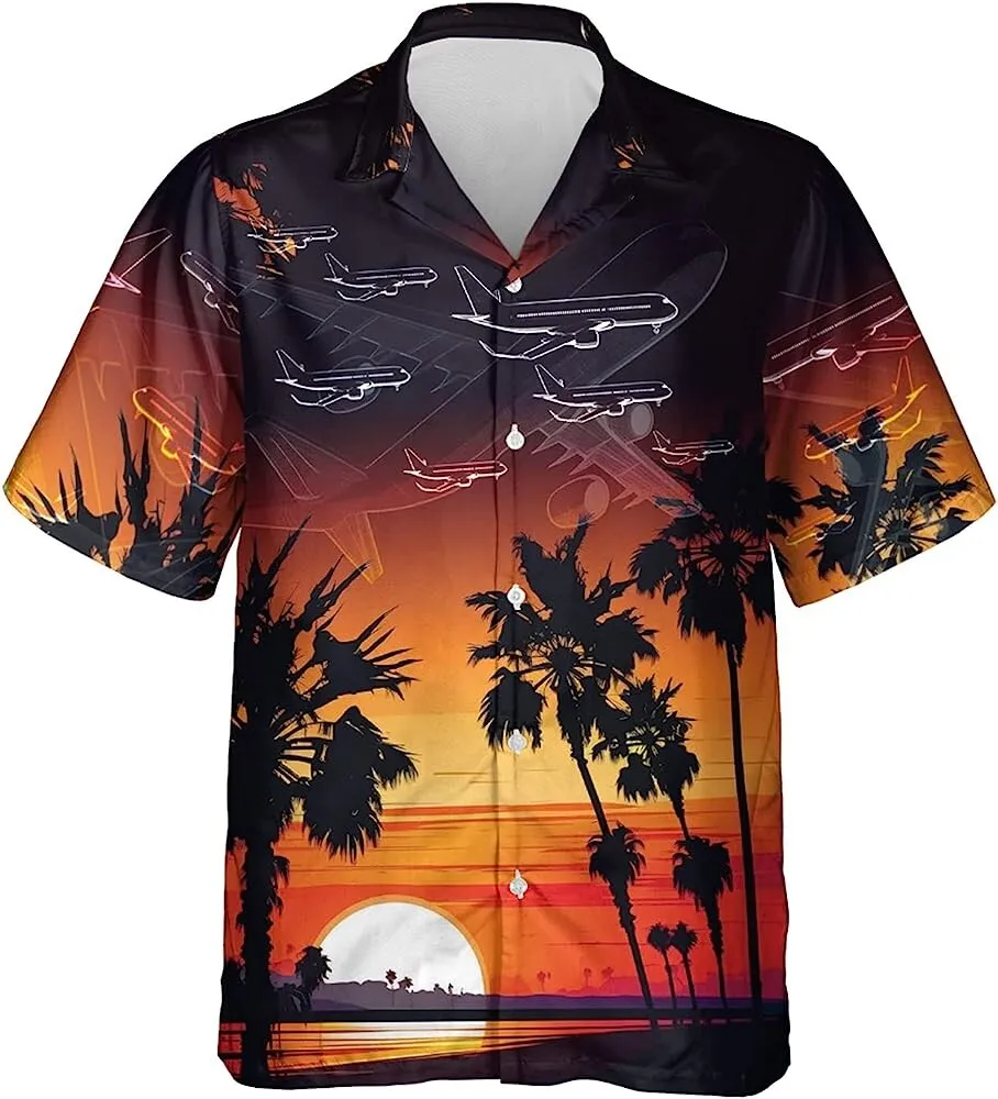 Airplane Summer Tropical Sunset Aviation Hawaiian Shirts For Men Women
