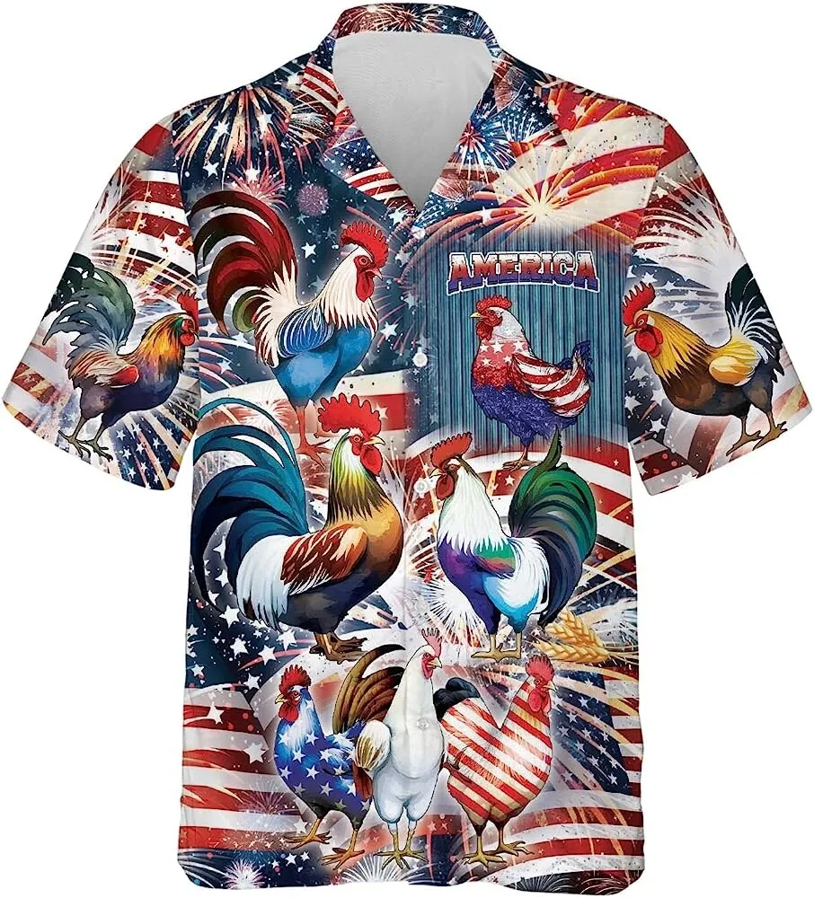 Independence Day Chicken With American Flag Tropical Plant Rooster Top Gun Hawaiian Shirt