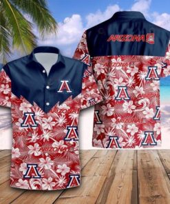 Arizona Wildcats Logo Red Blue Tropical Flowers Coconut Tree Leaf Hawaiian Shirt Gift