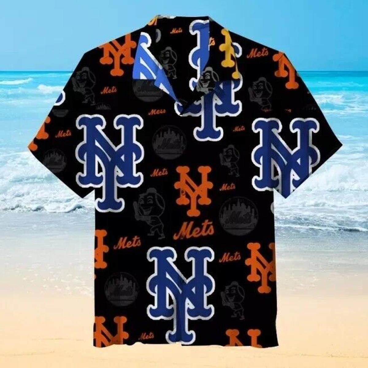 Violet Red Hibiscus Blue Leaf Black Ny Mets Hawaiian Shirt Gifts Idea