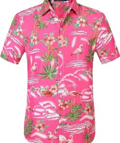 Casual Short Sleeve Button Down Pink Flamingo Hawaiian Shirt