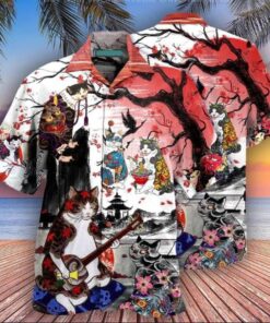 Cat Japanese Art Red Sun Cherry Blossom Hawaiian Shirt Hawaiian Shirt Gift