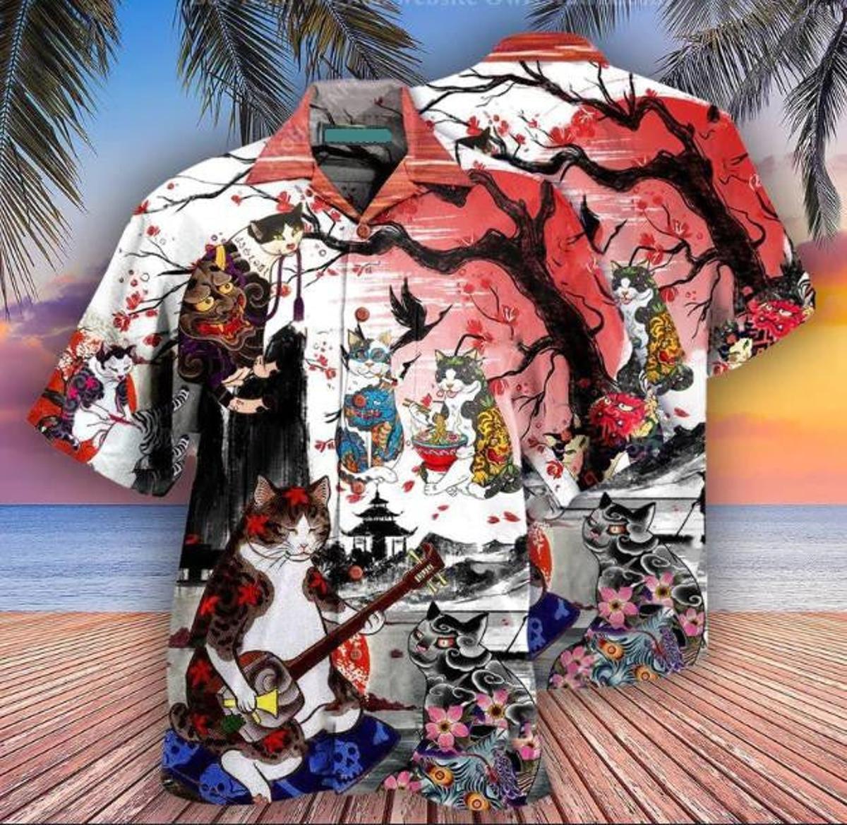 Cat Japanese Art Red Sun Cherry Blossom Hawaiian Shirt Hawaiian Shirt Gift