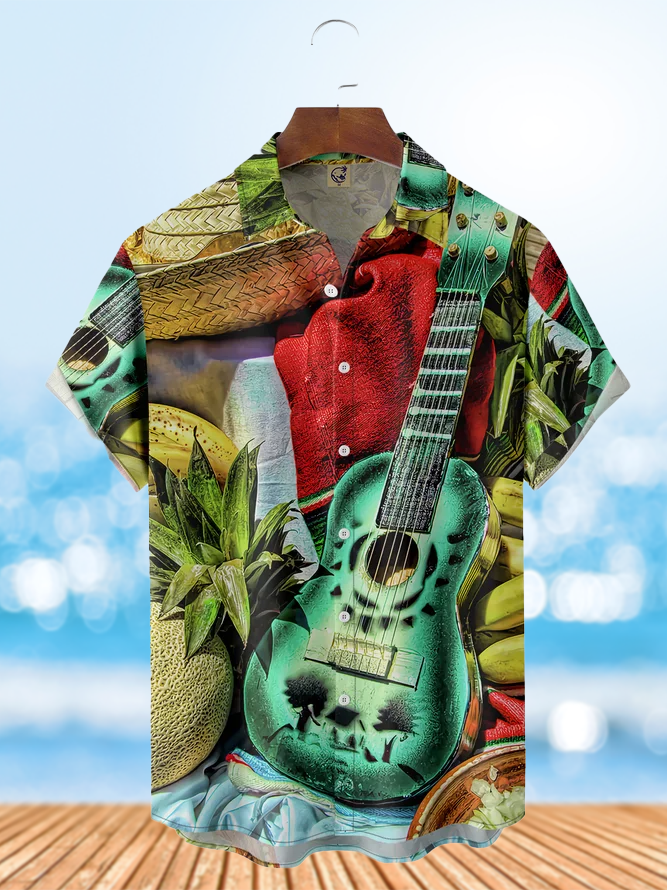 Chest Pocke Men’s Music Guitar Print Casual Short Sleeve Hawaiian Shirt