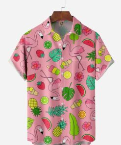 Chest Pocket Short Sleeve Hawaiian Shirt With Pink Flamingos