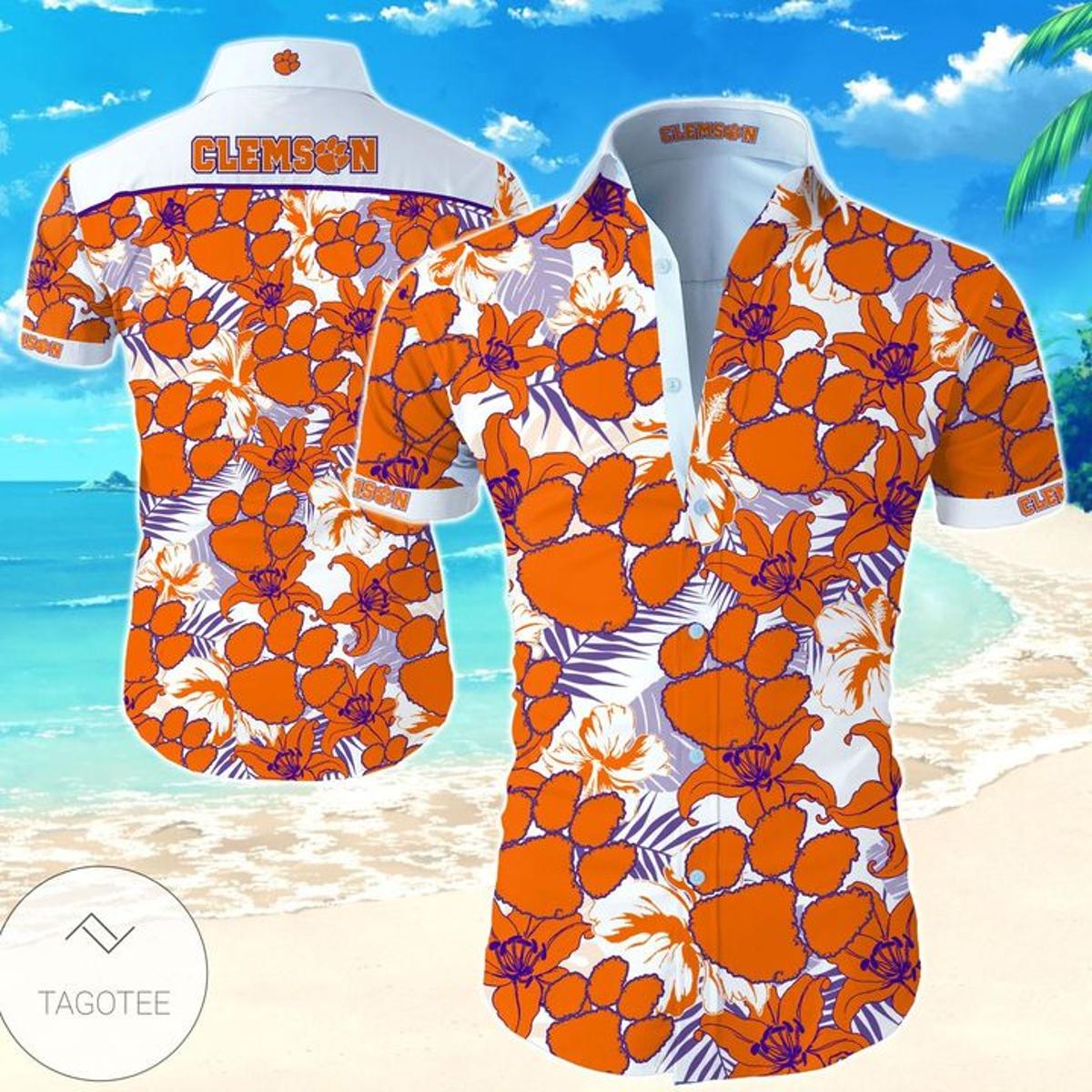 Clemson Tigers Wes & Willy Floral Orange Hawaiian Shirt Gift