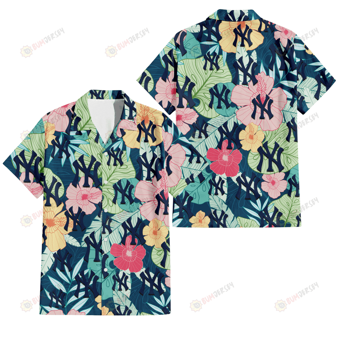 Colorful Sketch Hibiscus Dark Greennew York Yankees Hawaiian Shirt Size Fron S To 5xl