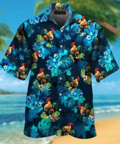 Colorful With Tropical Blue Flowers Rooster Top Gun Hawaiian Shirt