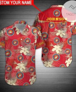 Custom Name Marine Corps Red Hibiscus Authentic Hawaiian Shirts