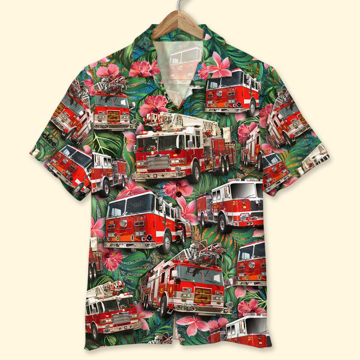 Fire Truck And Tropical Pattern Hawaiian Shirt For Men