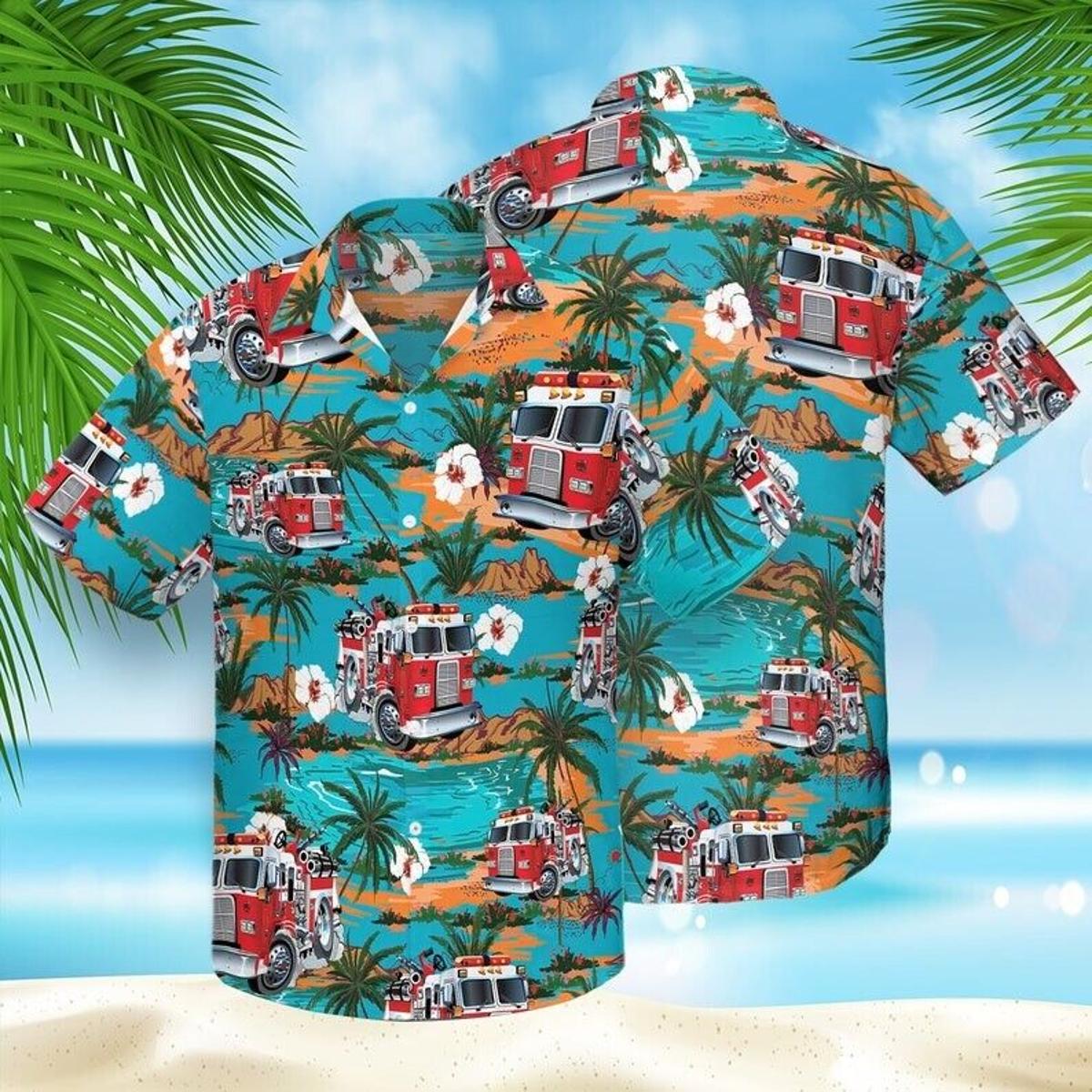 Fire Truck Flag America Hawaiian Shirt