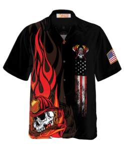 Firefighter Skull Flame Black American Flag Hawaiian Shirt