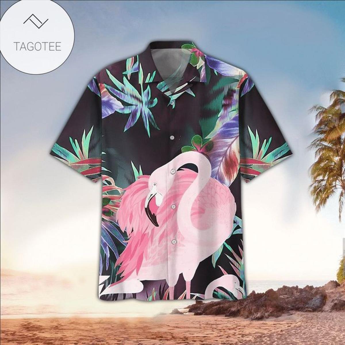 Men’s Light Green Striped And Pink Flamingo Tropical Shirt