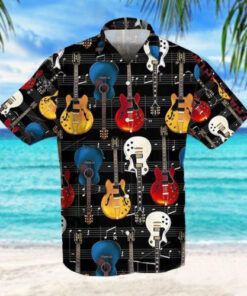 Chest Pocke Men’s Music Guitar Print Casual Short Sleeve Hawaiian Shirt