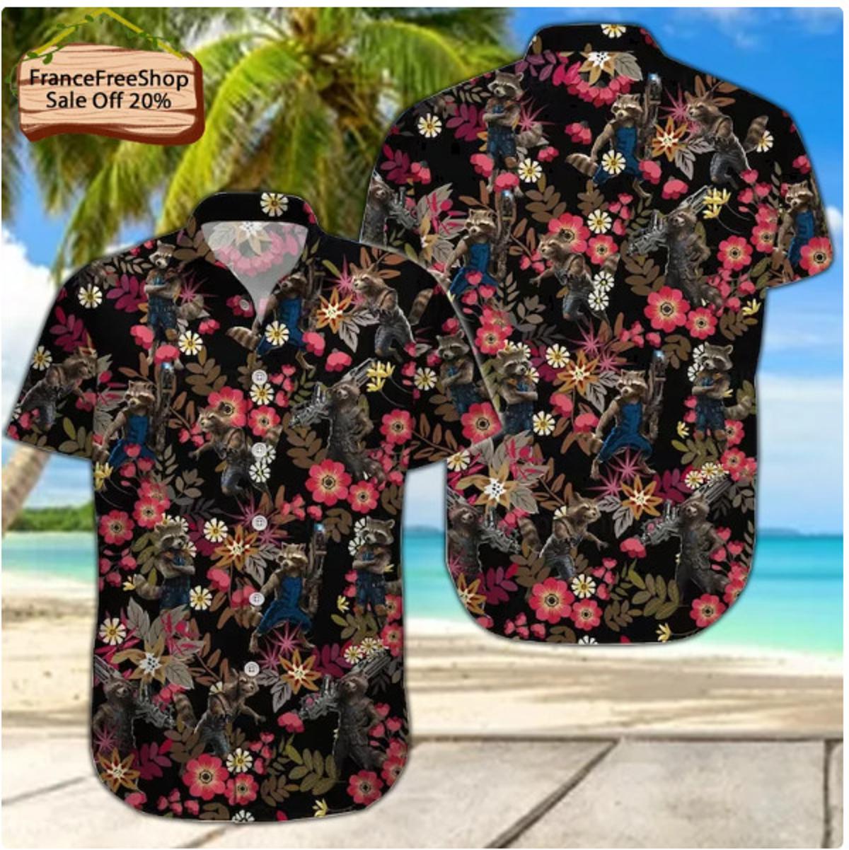 Rocket Raccoon Tropical Flowers Guardians Of The Galaxy Hawaiian Shirt