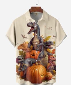 Halloween Pumpkin Maple Leaf Short Sleeve Dinosaur Hawaiian Shirt