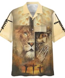 Jesus Praying Lion Of Judah Christian Hawaiian Shirt Outfit For Men