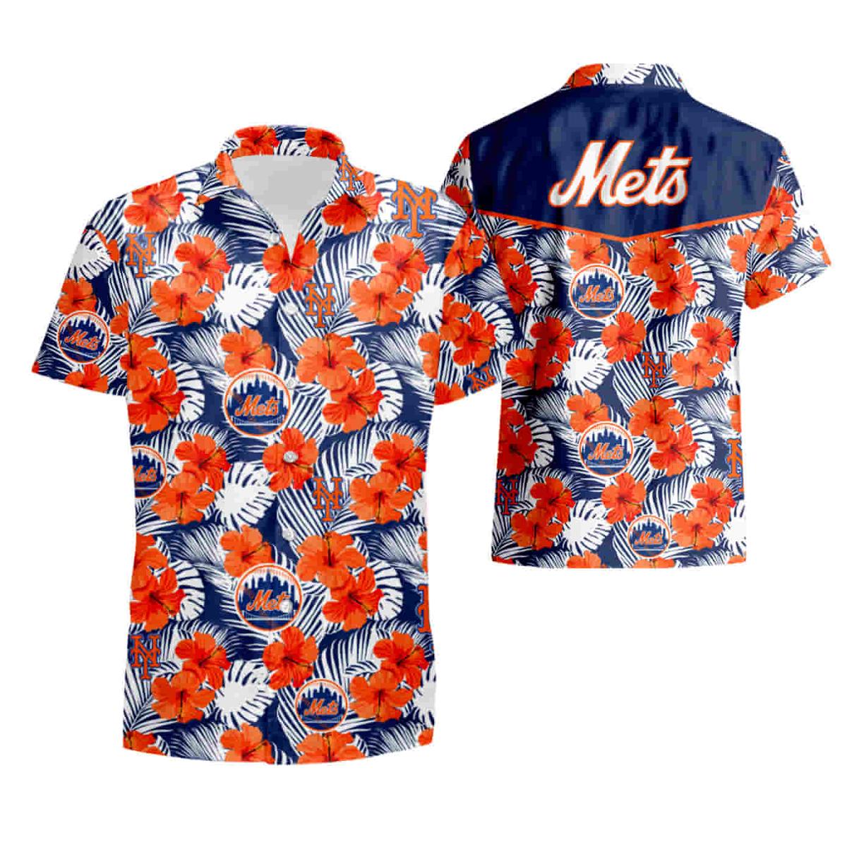 Violet Red Hibiscus Blue Leaf Black Ny Mets Hawaiian Shirt Gifts Idea