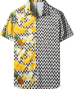 Men’s Banana Black And White Wave Print Pocket Vacation Tropical Fruitupside Down Pineapple Hawaiian Shirt