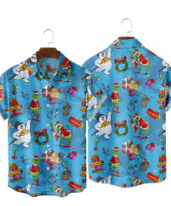 Mens Christmas Casual Short Sleeve Grinch Christmas Hawaiian Shirt