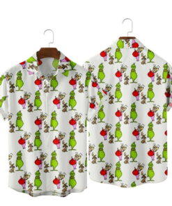 Mens Kids Retro Christmas Santa Print Front Buttons Soft Breathable Casual Grinch Christmas Hawaiian Shirt