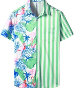 Men’s Light Green Striped And Pink Flamingo Tropical Shirt