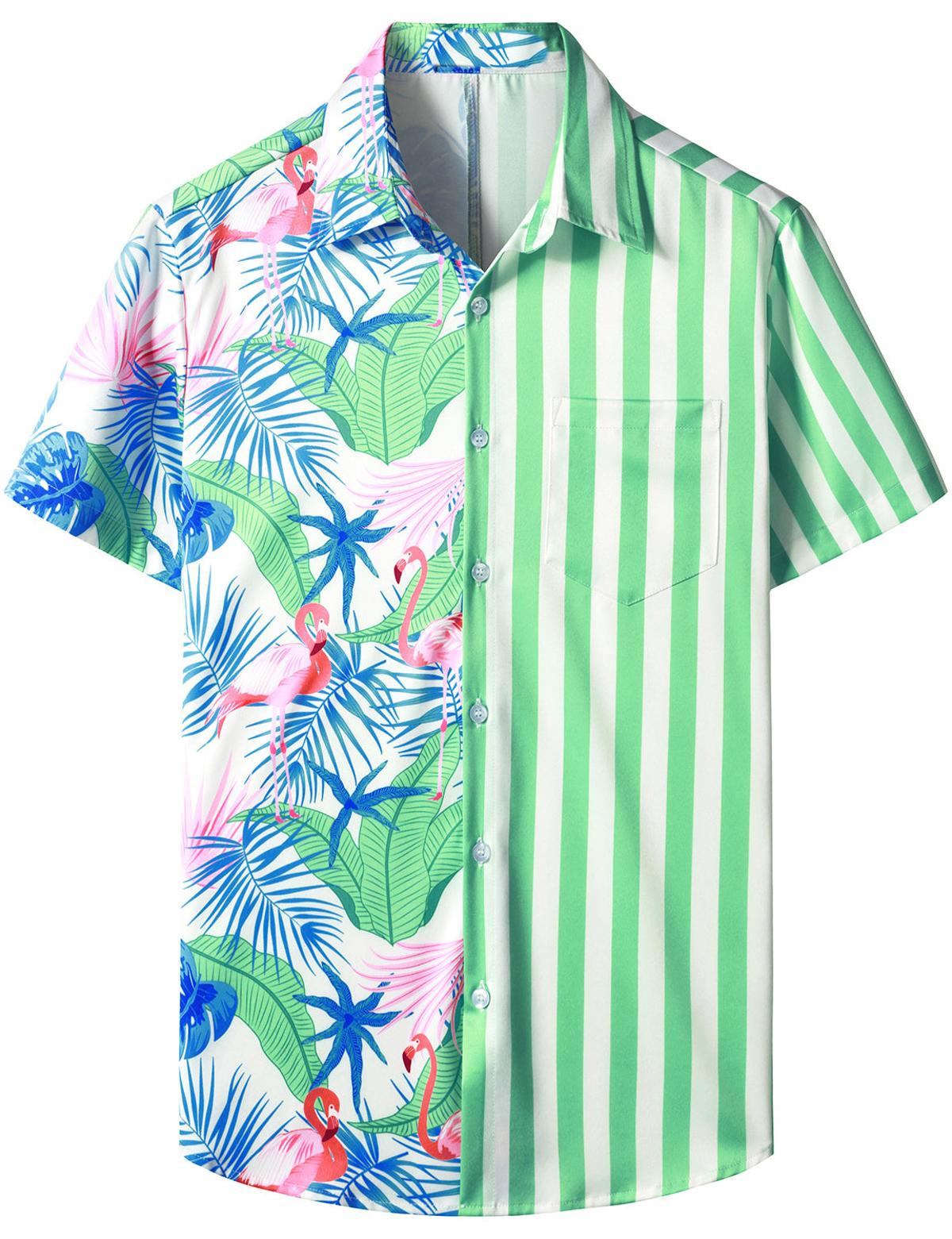 Chest Pocket Short Sleeve Hawaiian Shirt With Pink Flamingos