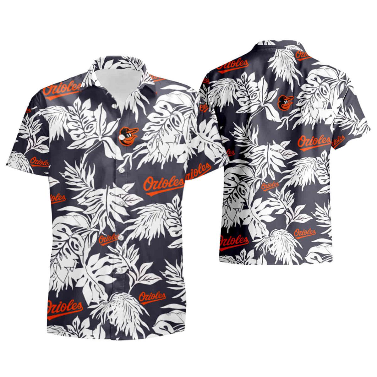 White Hibiscus Porcelain Flower Palm Leaf Black Orioles Hawaiian Shirt