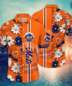 Red Hibiscus Yellow Porcelain Flower Black New York Mets Hawaiian Shirt