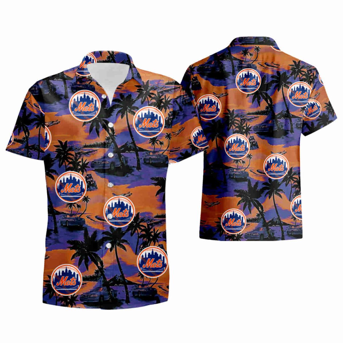 Red Hibiscus Yellow Porcelain Flower Black New York Mets Hawaiian Shirt