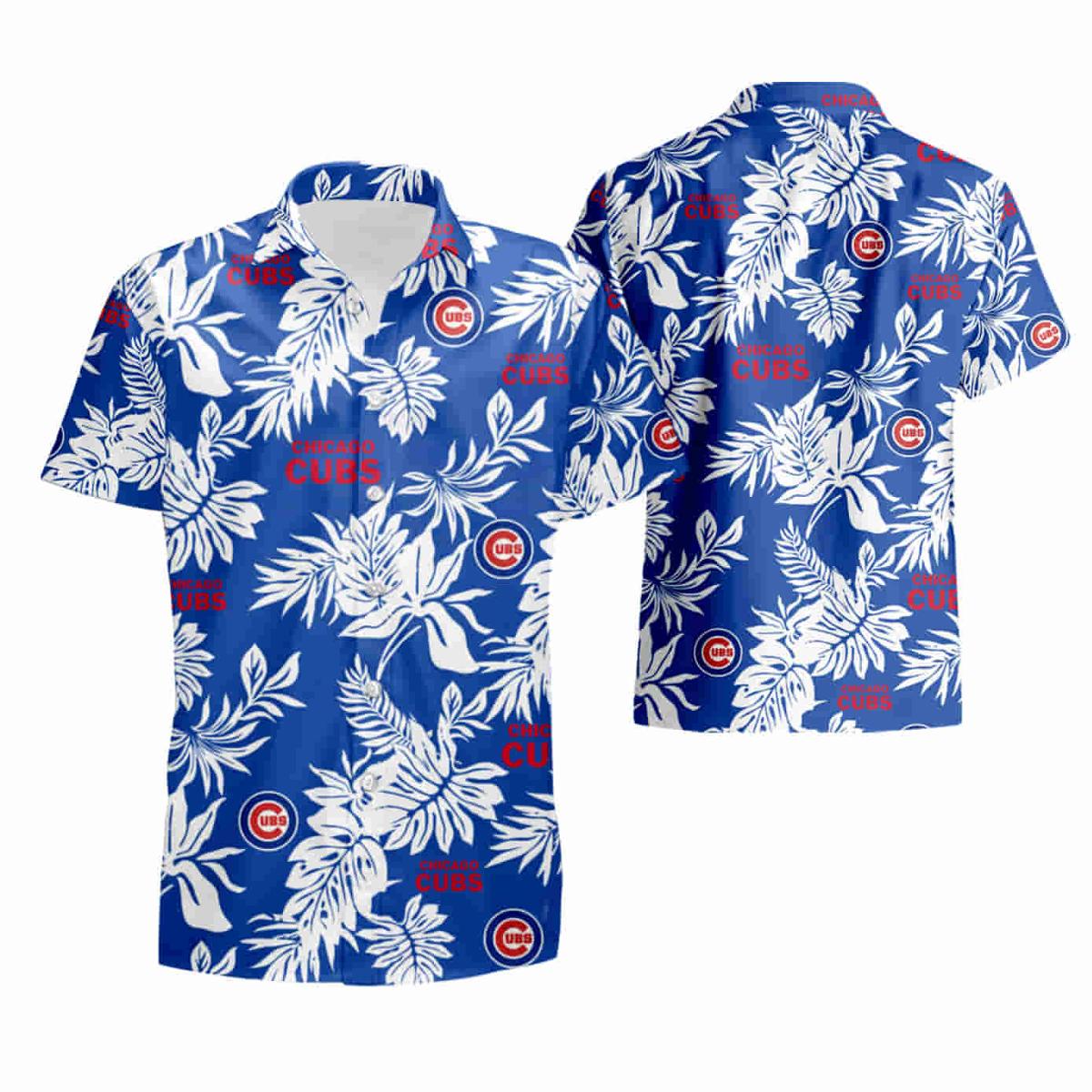 White Tropical Leaf Red Hibiscus Navy Cubs Hawaiian Shirt