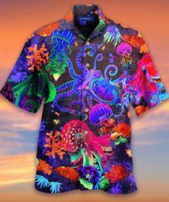 Neon Button Up Octopus Hawaiian Shirt For Men