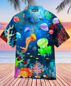 Casual Wrinkle Free Summer Stitch Regular Fit Top Jellyfish Hawaiian Shirt For Men Women