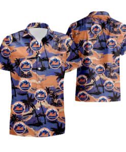 Red Hibiscus Yellow Porcelain Flower Black New York Mets Hawaiian Shirt