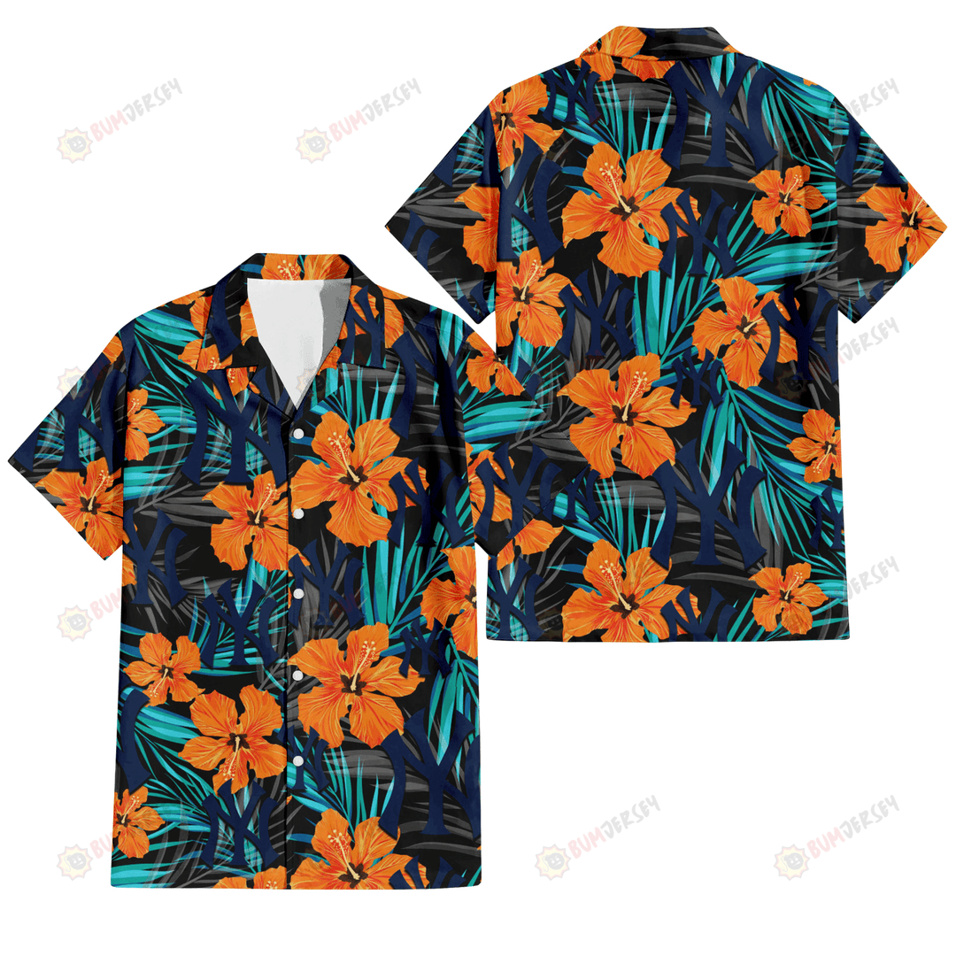 Orange Hibiscus Blue Gray Leaf Black Background 3d New York Yankees Hawaiian Shirt